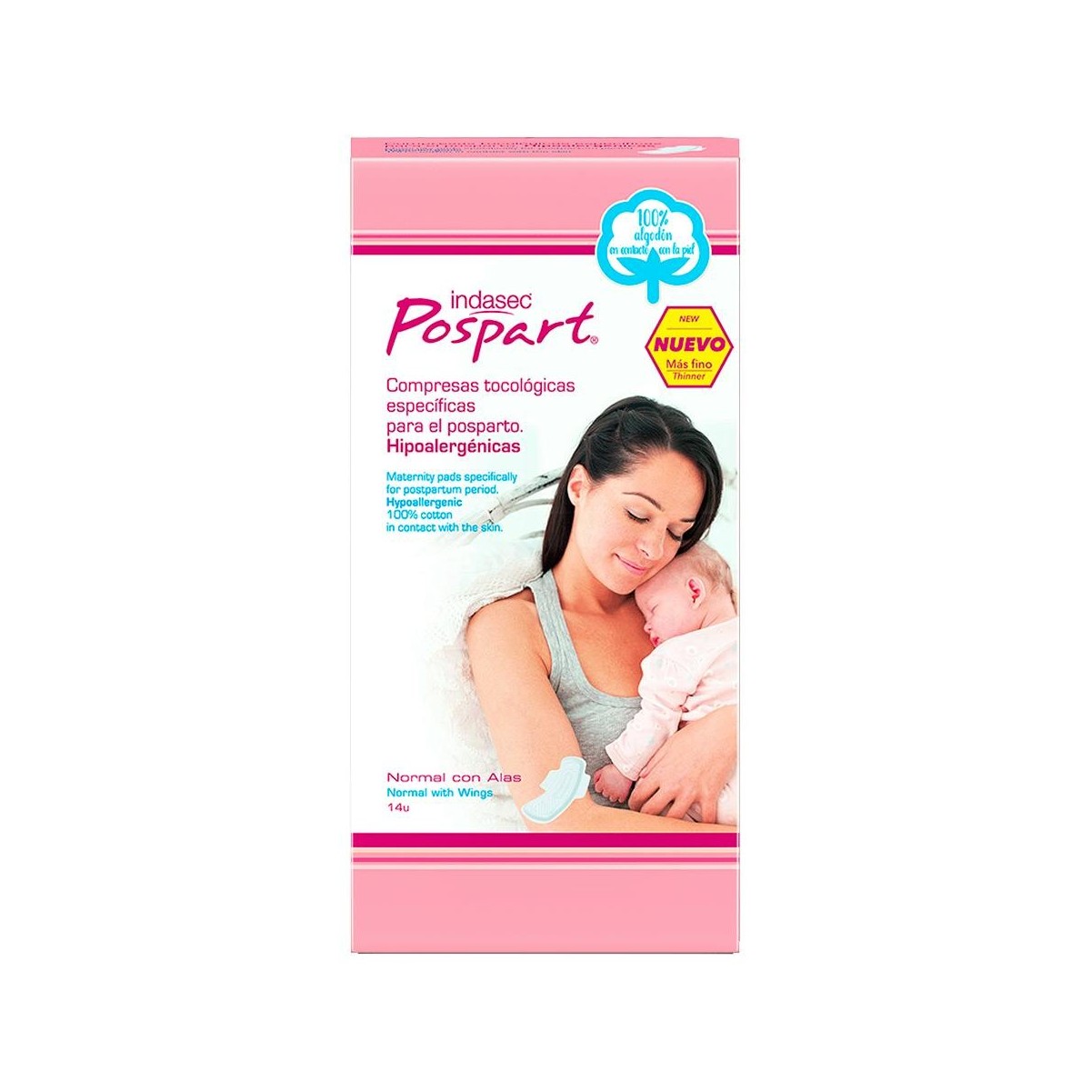 Indasec Pospart® Compresas Algodón Normal Alas 14U